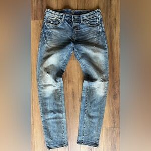 PRPS Denim Jeans Men's 33 Blue Distressed Fly Button Le Sabre Slim Tapered Mud